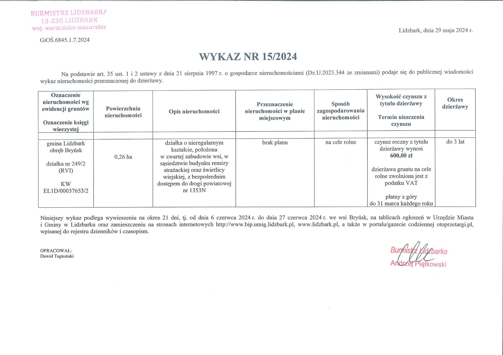 Wykaz Nr 15/2024 - Nieruchomość gruntowa do dzierżawy - obr. Bryńsk, dz. nr 249/2